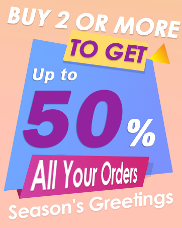 Promotional banner with coral and blue color scheme advertising 'Buy 2 or More' sale with up to 50% off all orders, featuring Season's Greetings message.