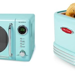 Nostalgia Retro Compact Countertop Microwave Oven, 0.7 Cu. Ft. 700-Watts with LED Digital Display & Retro Wide 2-Slice Toaster, Vintage Design With Crumb Tray, Cord Storage & 5 Toasting Levels, Aqua