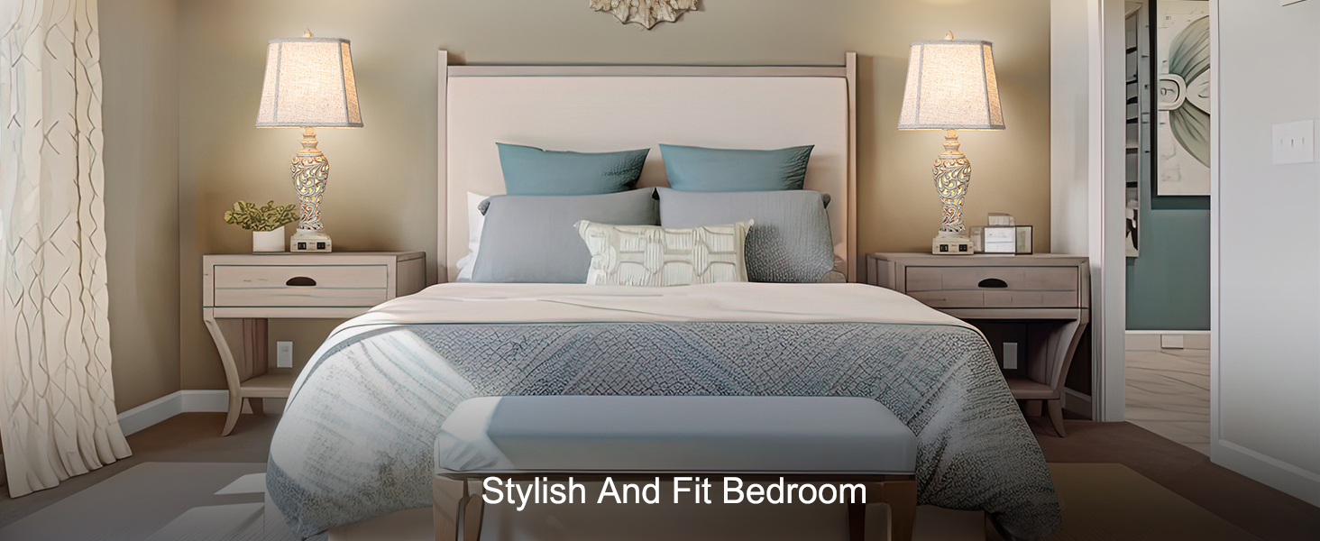 vintage table lamp set of 2 for bedroom with nightlight and USB ports