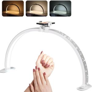 Janolia Half Moon Light for Nail Desk, 29In Nail Tech Lamp Table Light, 7 Color Modes, 10 Brightness for Tattoo/Eyelashes/Spa/Salon/Makeup, with Phone Holder