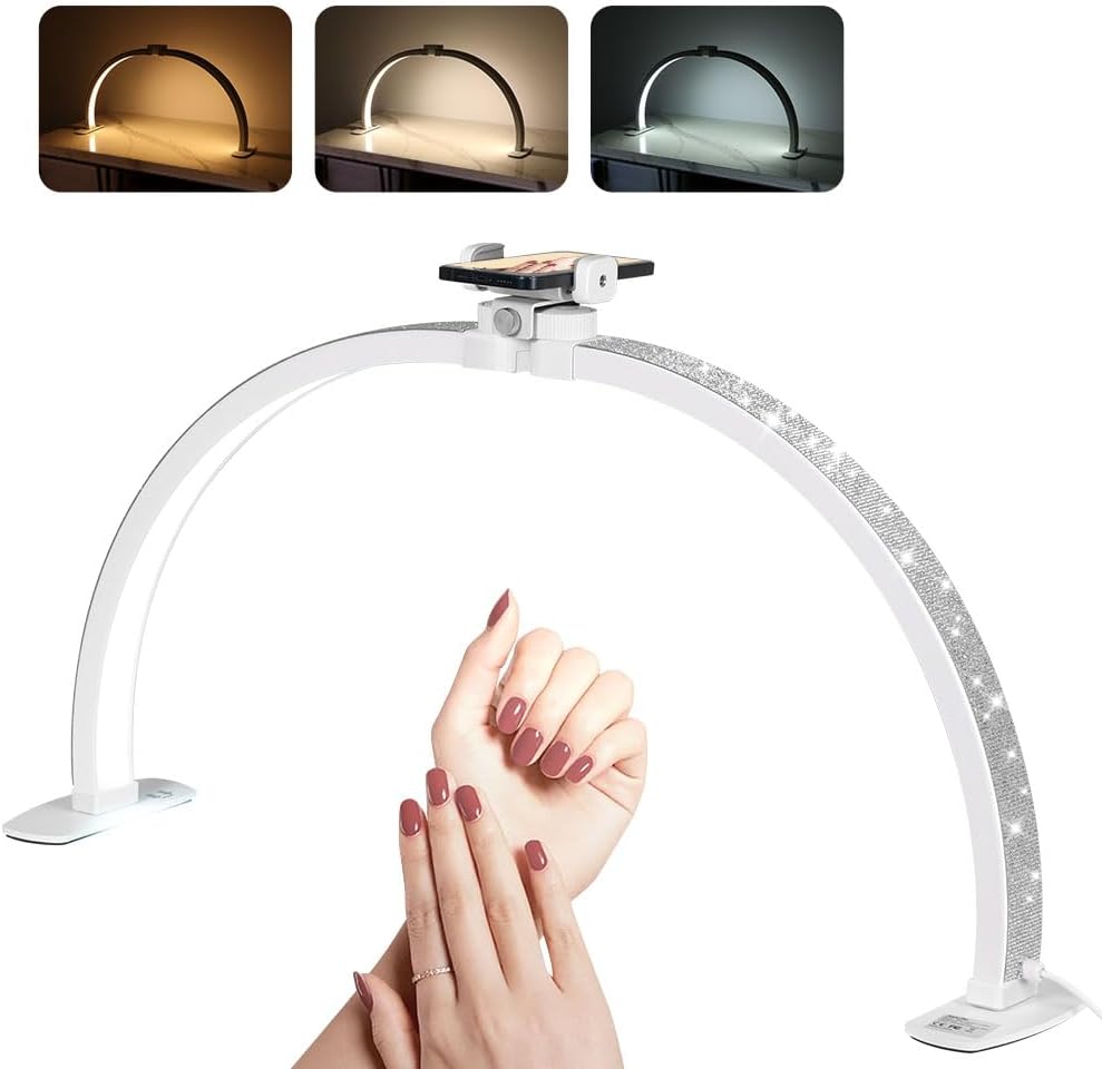 Janolia Half Moon Light for Nail Desk, 29In Nail Tech Lamp Table Light, 7 Color Modes, 10 Brightness for Tattoo/Eyelashes/Spa/Salon/Makeup, with Phone Holder