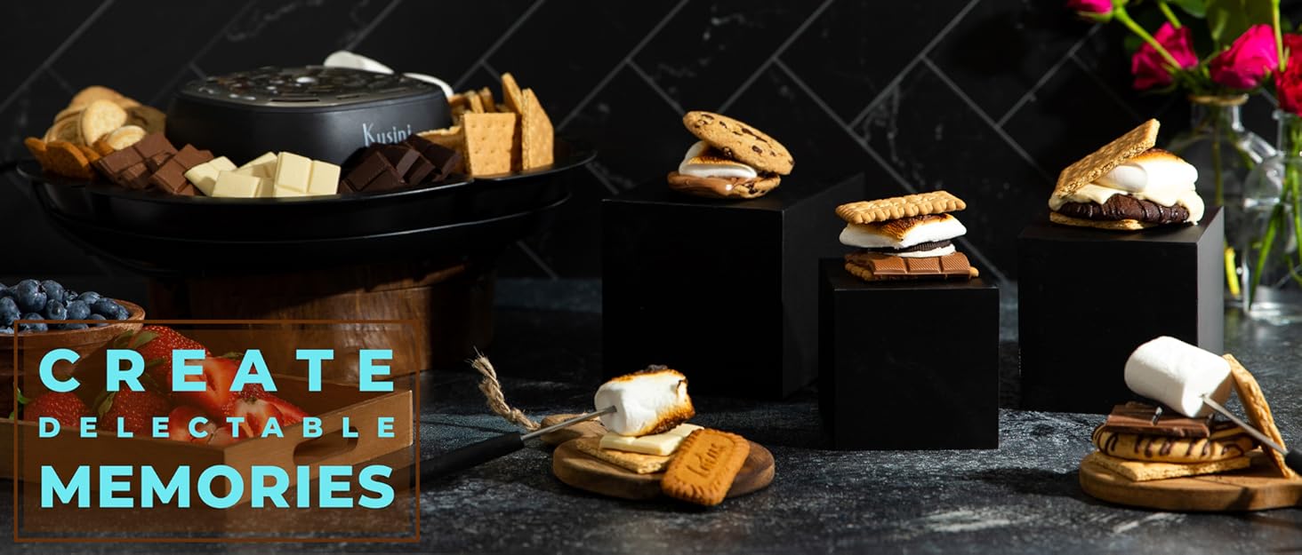 Create delectable memories. S'mores maker with a few roasted s'mores  oozing marshmallow