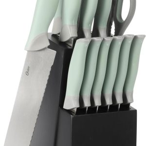 Oster Lindbergh 14 Piece Stainless Steel Kitchen Knife Block Set - Sage Green W/Black Knife Block - Cuchillos Para Cocina