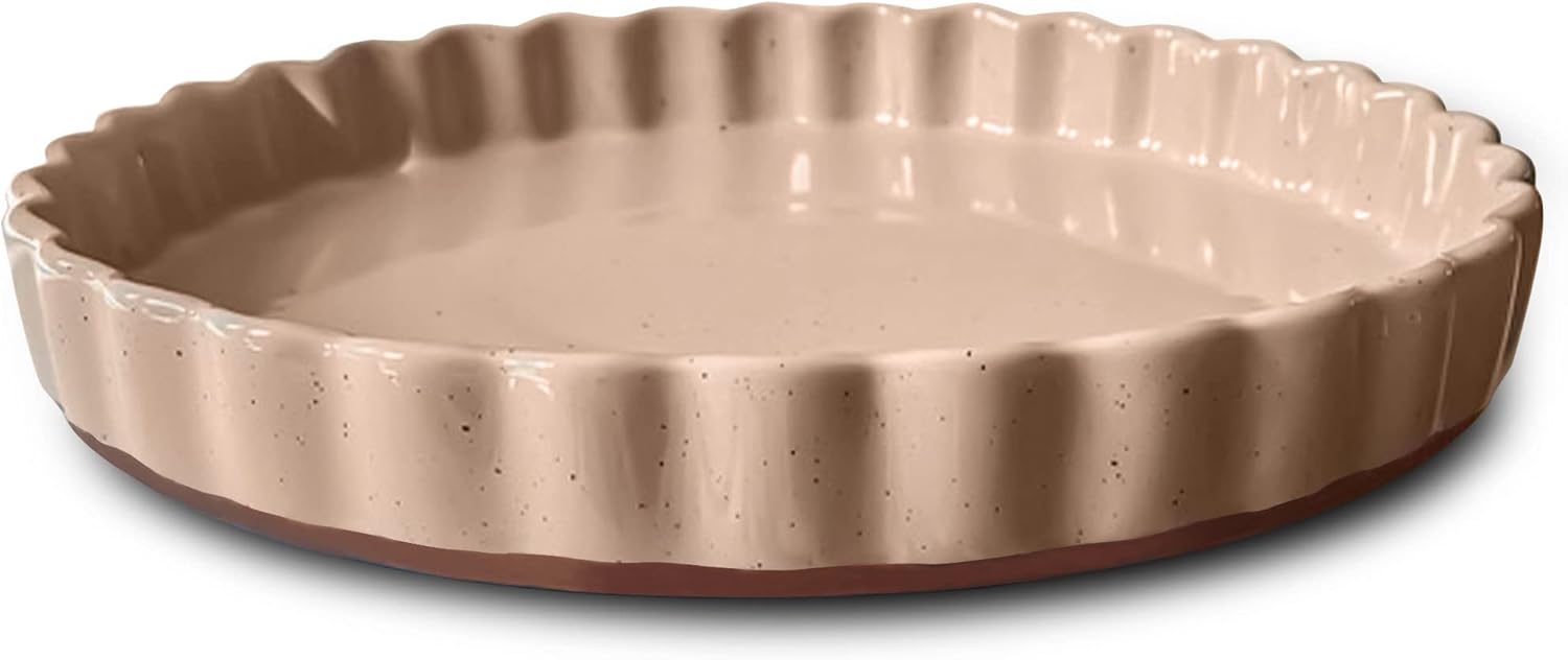 MORA Ceramic Tart Pan, 9.5 Inch Large Porcelain Baking Dish for Tarts, Quiche, Pie, Flan etc. Fluted Ruffled Edge, Oven, Microwave, Freezer, and Dishwasher safe – Great Gift For Bakers – Chai