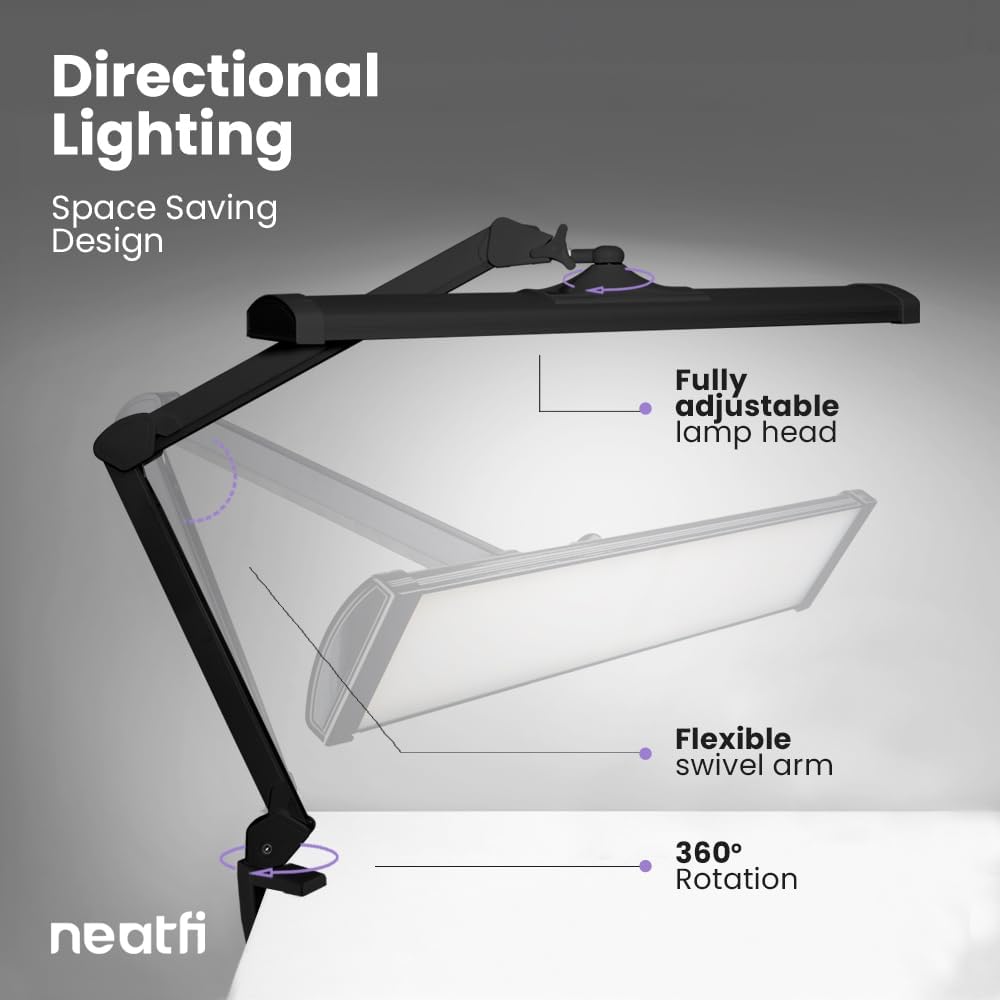Neatfi LED Desk Lamp, 3,500 Lumens, 3 Light Modes, Dimmable, 45W, Touch Control, 26 Inch Wide Metal Shade, 540 SMD LEDs, Directional Lighting, Eye Caring Task Lamp (CCT with Clamp, Black) - Image 6
