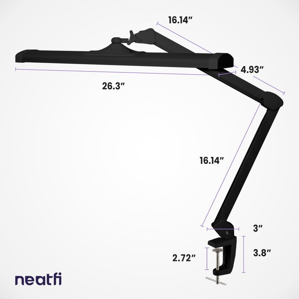 Neatfi LED Desk Lamp, 3,500 Lumens, 3 Light Modes, Dimmable, 45W, Touch Control, 26 Inch Wide Metal Shade, 540 SMD LEDs, Directional Lighting, Eye Caring Task Lamp (CCT with Clamp, Black) - Image 8