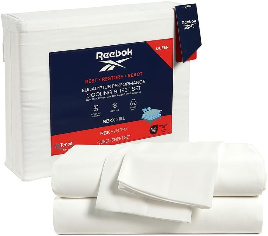 Reebok Twin Size Sheet Set from Tencel Eucalyptus – Soft, Cooling & Breathable for Hot Sleepers, Deep Pocket Up to 17 Inches, 4Pc Hotel Luxury Bedding Set, Bedsheet & Pillowcases (White, Twin)