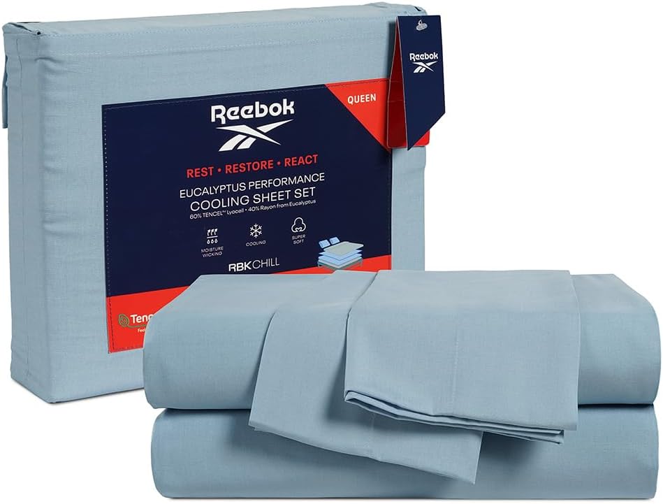 Reebok Queen Sheet Set from Tencel Eucalyptus – Soft, Cooling & Breathable for Hot Sleepers, Deep Pocket Up to 17 Inches, 4Pc Hotel Luxury Bedding Set, Bedsheet & Pillowcases (Niagara Mist, Queen)