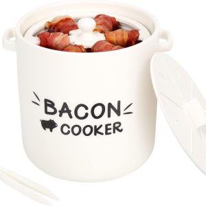 SOLIGT Ceramic Bacon Cooker for Microwave Oven - Splatter-Proof Design Microwave Bacon Cooker with Lid and Bonus Tongs - Easy Faster Bacon Maker for Yummy Crispy Bacon