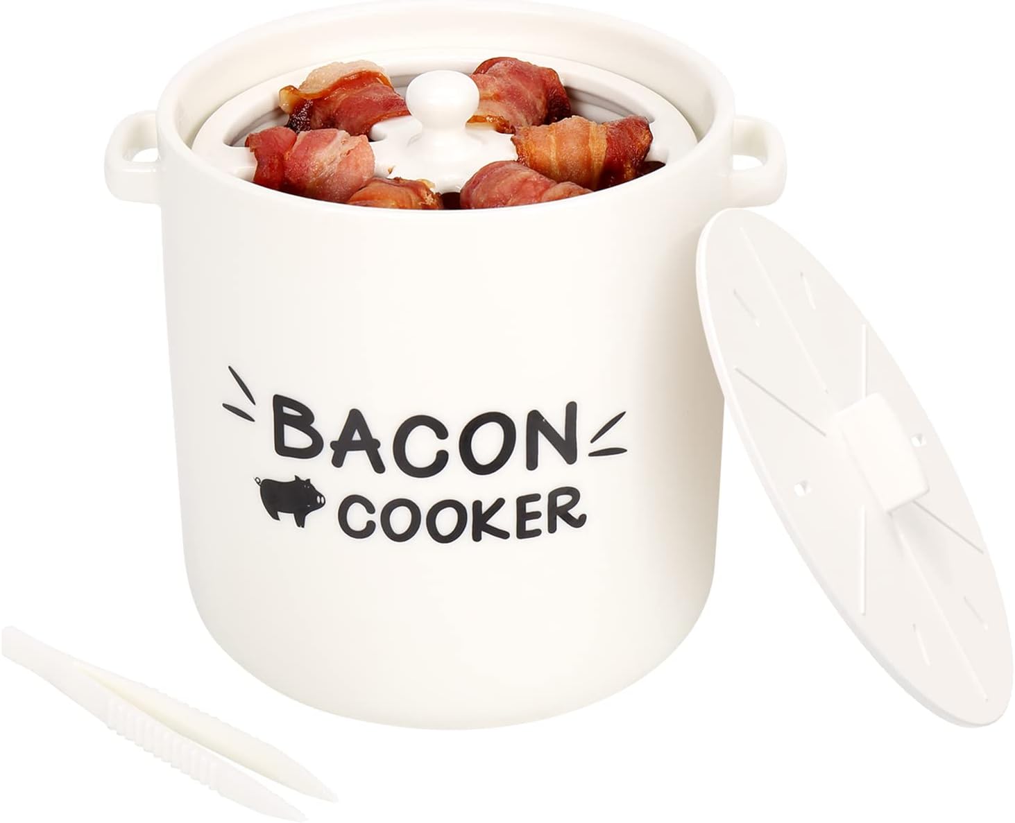 SOLIGT Ceramic Bacon Cooker for Microwave Oven – Splatter-Proof Design Microwave Bacon Cooker with Lid and Bonus Tongs – Easy Faster Bacon Maker for Yummy Crispy Bacon