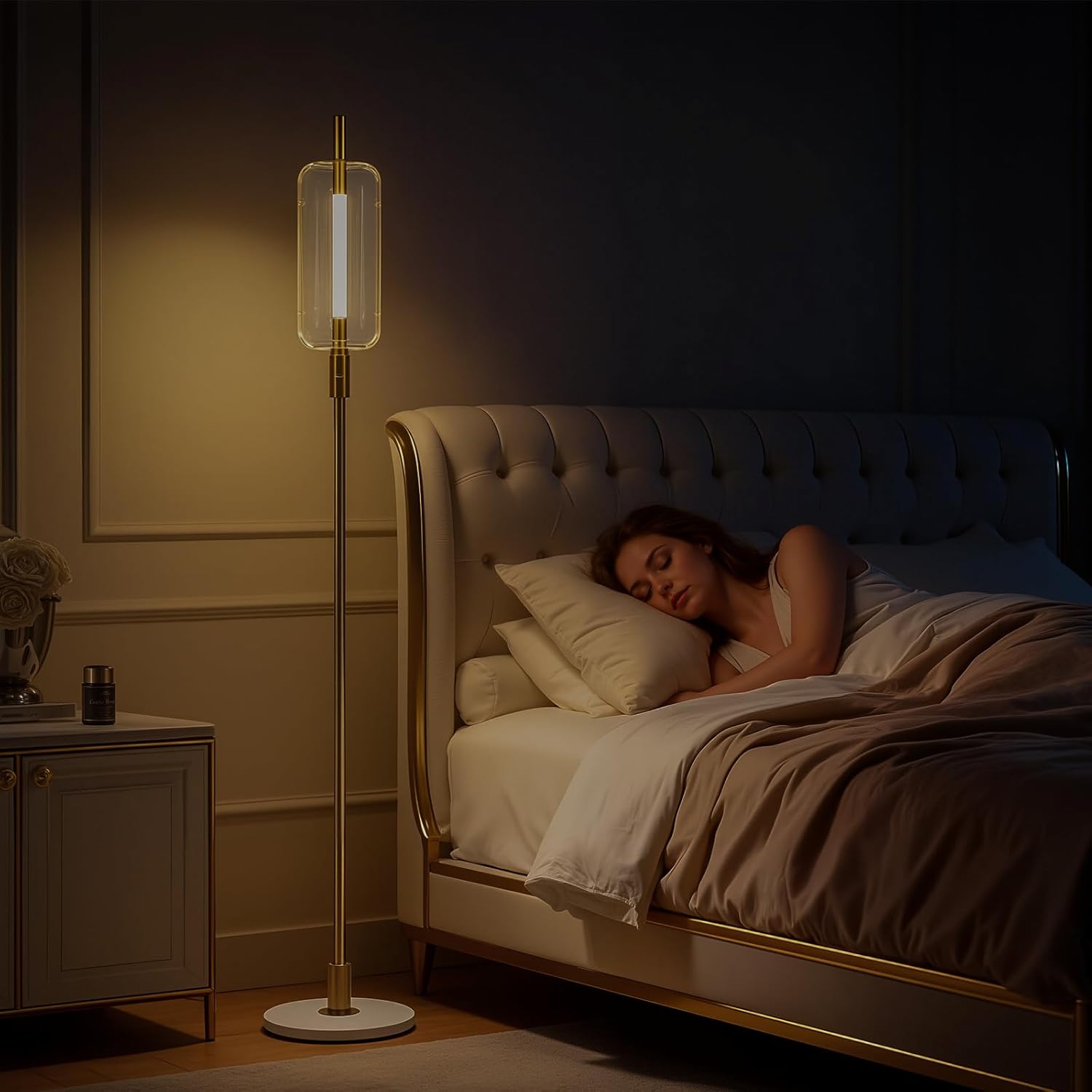 LED Light Strip 6W 24V Glass Floor Lamps for Living Room, Modern Tall Lamp with Glass Lampshade Touch Switch, Marble Base, 64" Stepless Dimmable Standing Floor Lamp for Bedroom Office - Image 5