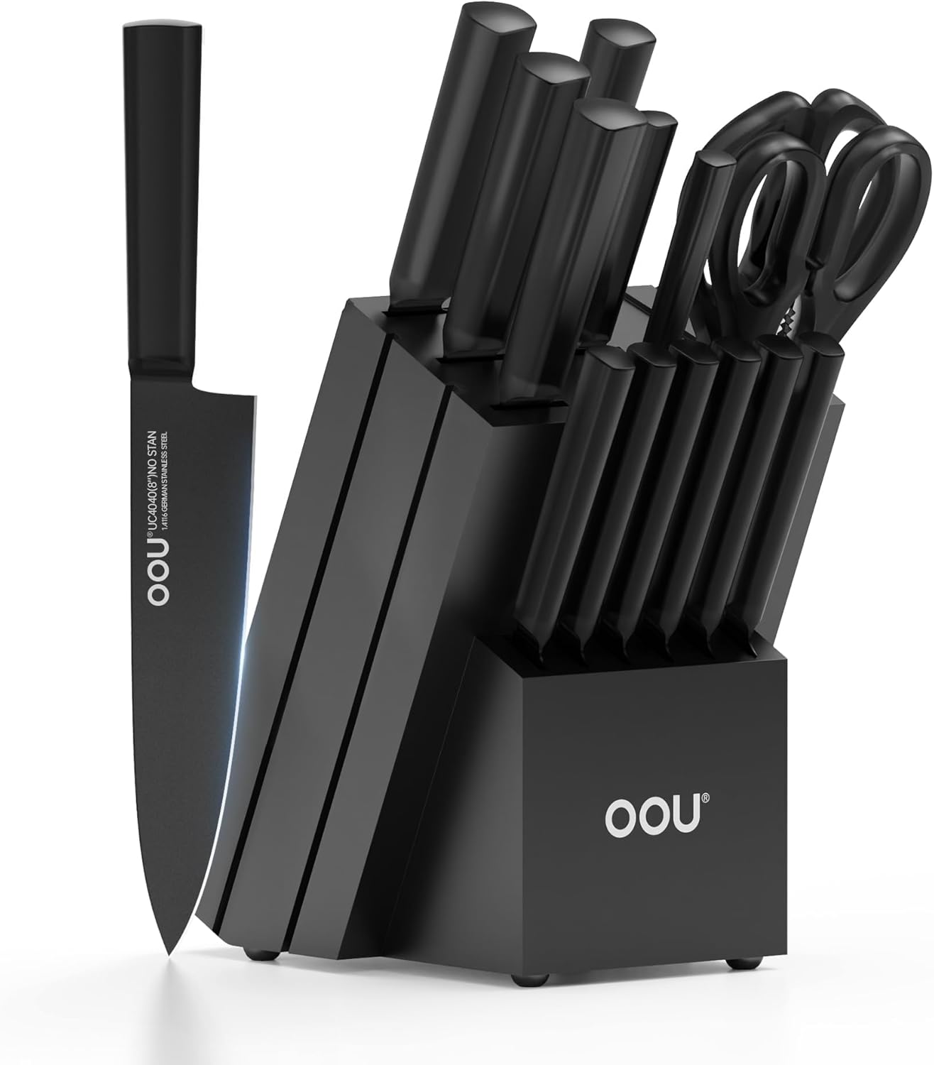 OOU Kitchen Knife Block Set – 15 Pieces High Carbon Stainless Steel Knife Block Set with Built-in Sharpening Blocks, Black
