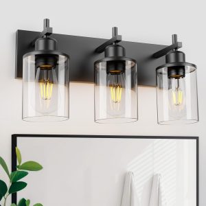 3-Light Black Bathroom Light Fixture Over Mirror Modern Farmhouse Bathroom Vanity Light Vintage Wall Lighting with Clear Glass Shade for Bathroom, Bedroom, Hallway, Cabinet