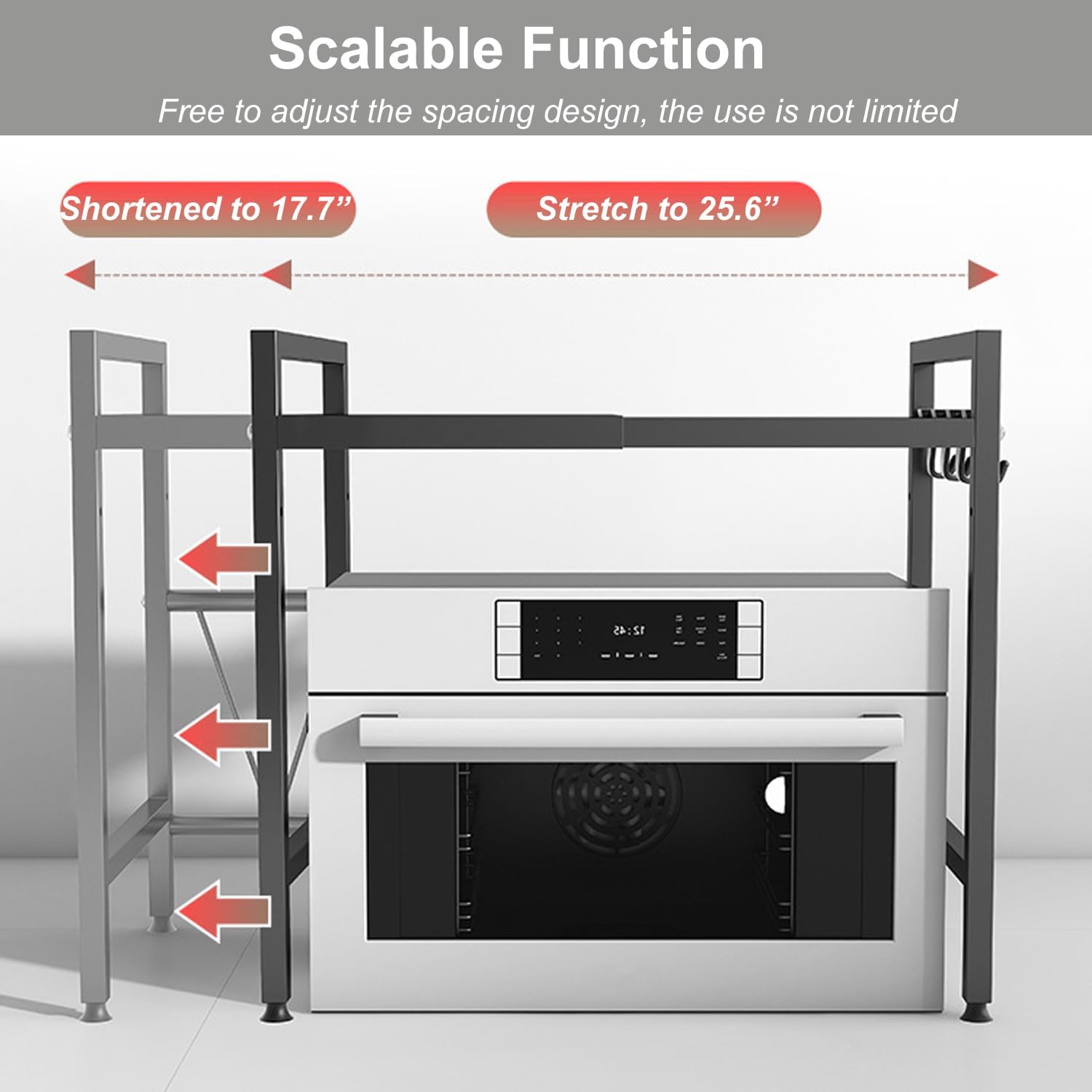 Expandable Microwave Stand Countertop, 3 Tier Heavy Duty Over Microwave Shelf Countertop with 8 Hooks,Height Adjustable Carbon Steel Microwave Oven Rack Shelf for Kitchen,Holds 132lb,Black - Image 4
