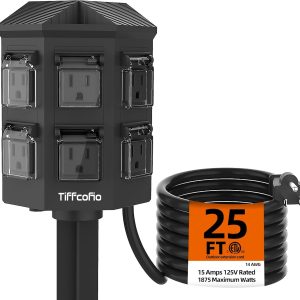 TiFFCOFiO Outdoor Power Strip Weatherproof, 25 FT Extension Cord with Stake, 6 Grounded Outlets for Christmas Yard Decorations and Inflatables, 15A/1875W, ETL Listed
