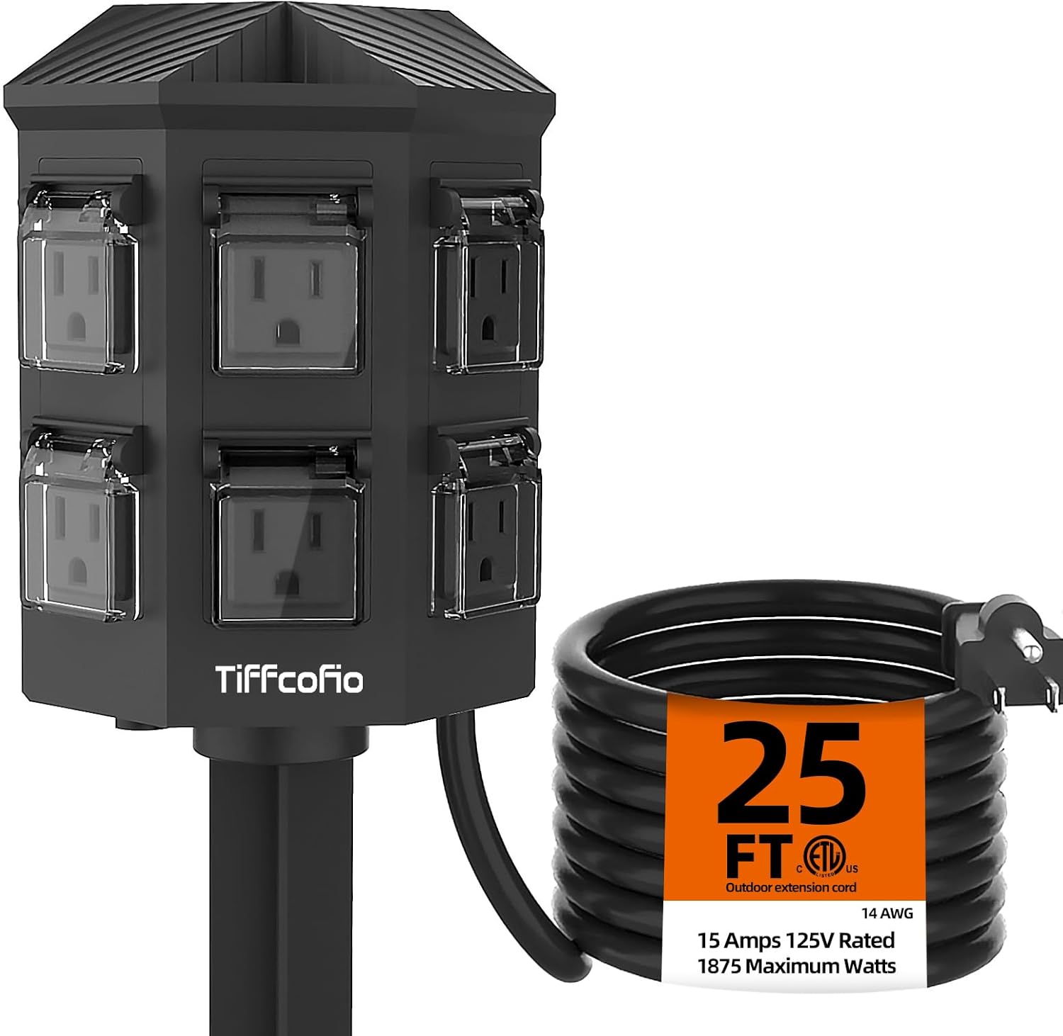 TiFFCOFiO Outdoor Power Strip Weatherproof, 25 FT Extension Cord with Stake, 6 Grounded Outlets for Christmas Yard Decorations and Inflatables, 15A/1875W, ETL Listed