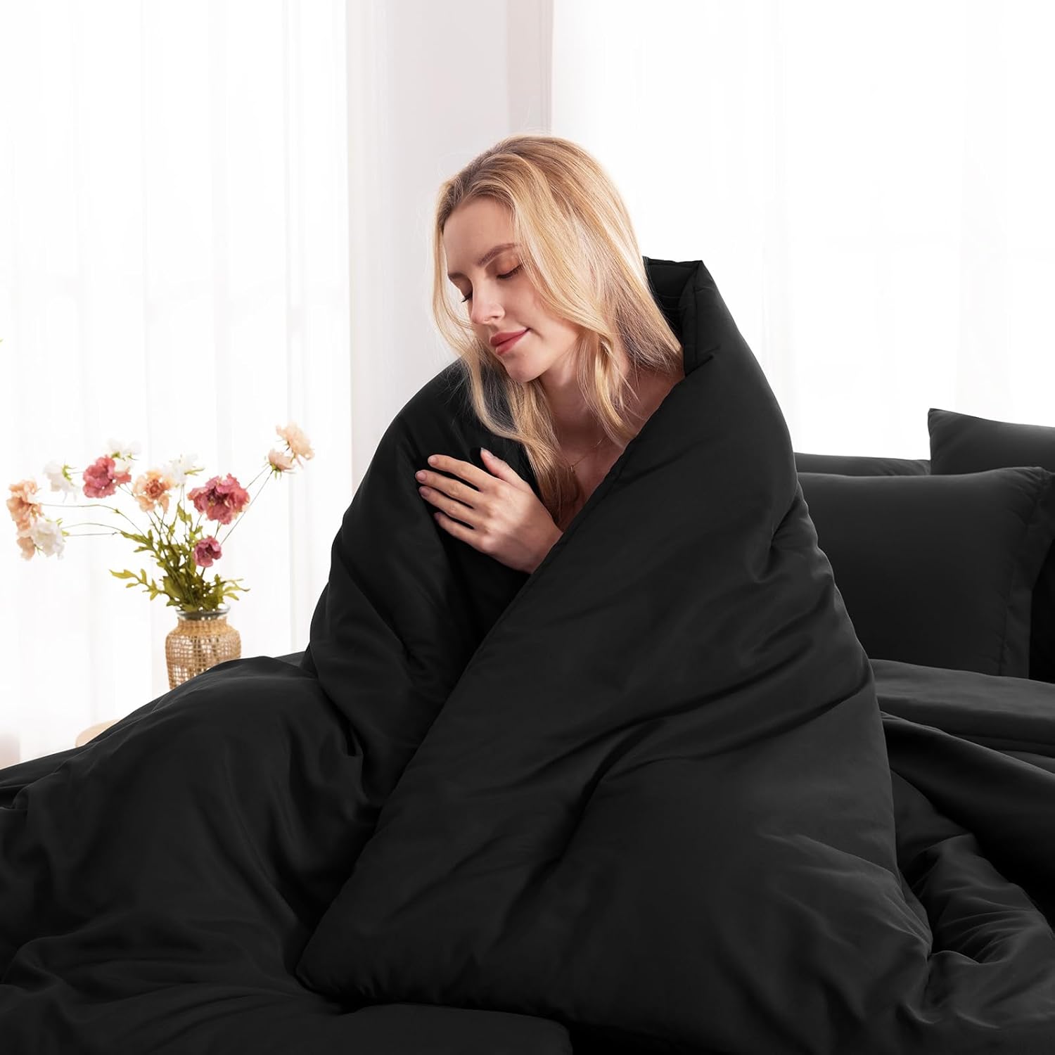 CozyLux Queen Comforter Set Black, 7 Pieces Bed in a Bag Soft Bedding Comforter Set with Sheets, All Season Boho 7PC Bed Sets with Comforter, Fitted Sheets, Flat Sheets, Pillow Shams and Pillowcases - Image 7