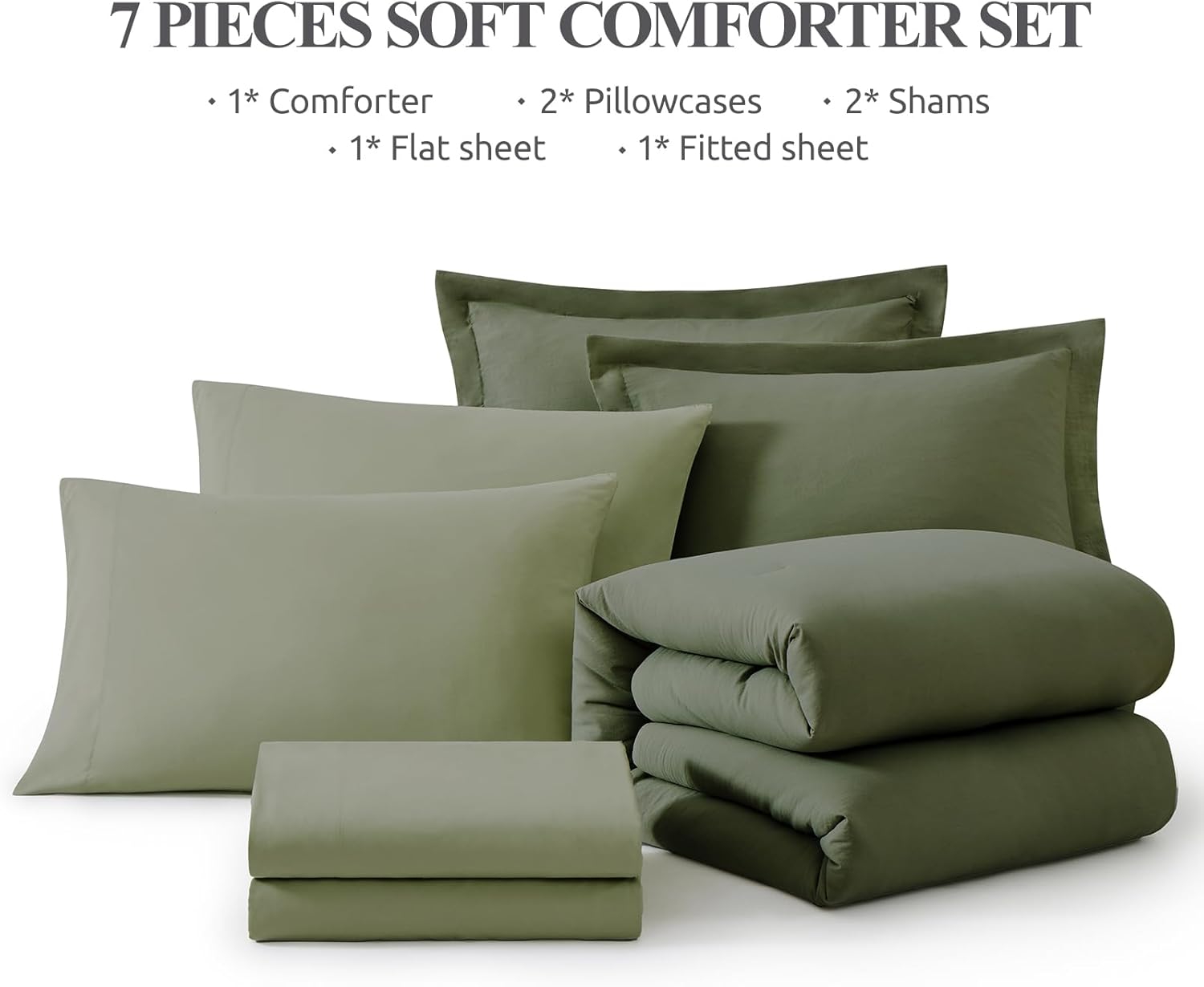 WRENSONGE Queen Comforter Set- 7 Pieces Soft Olive Green Bed in a Bag with Fitted Sheet, Flat Sheet, 2 Pillow Shams, and 2 Pillowcases- Warm Bedding Sets Queen for All Season - Image 7