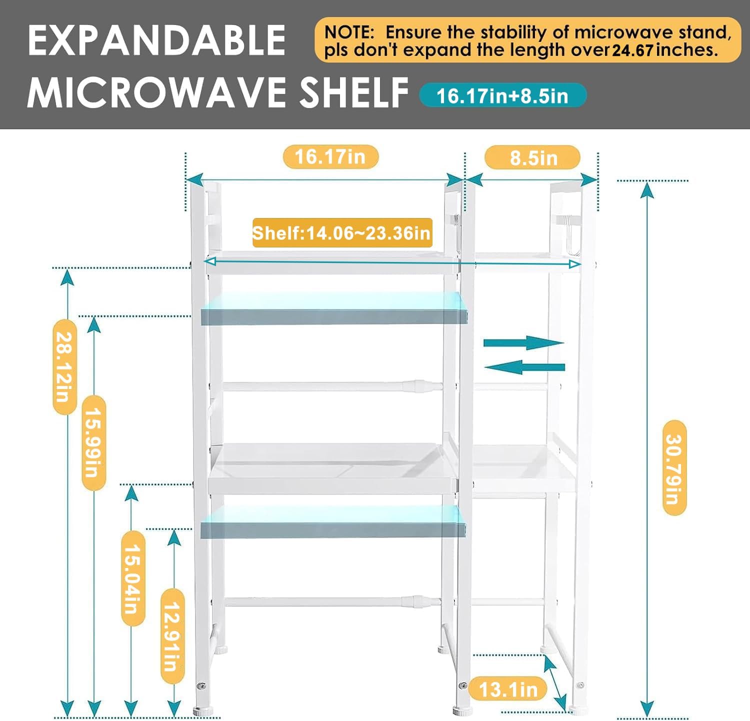 DOLALIKE Microwave Oven Rack, Expandable Microwave Stand Countertop Kitchen Utensils Tableware Storage, Carbon Steel Over Microwave Shelf Countertop 3 Tier with 3 Hooks - Image 3