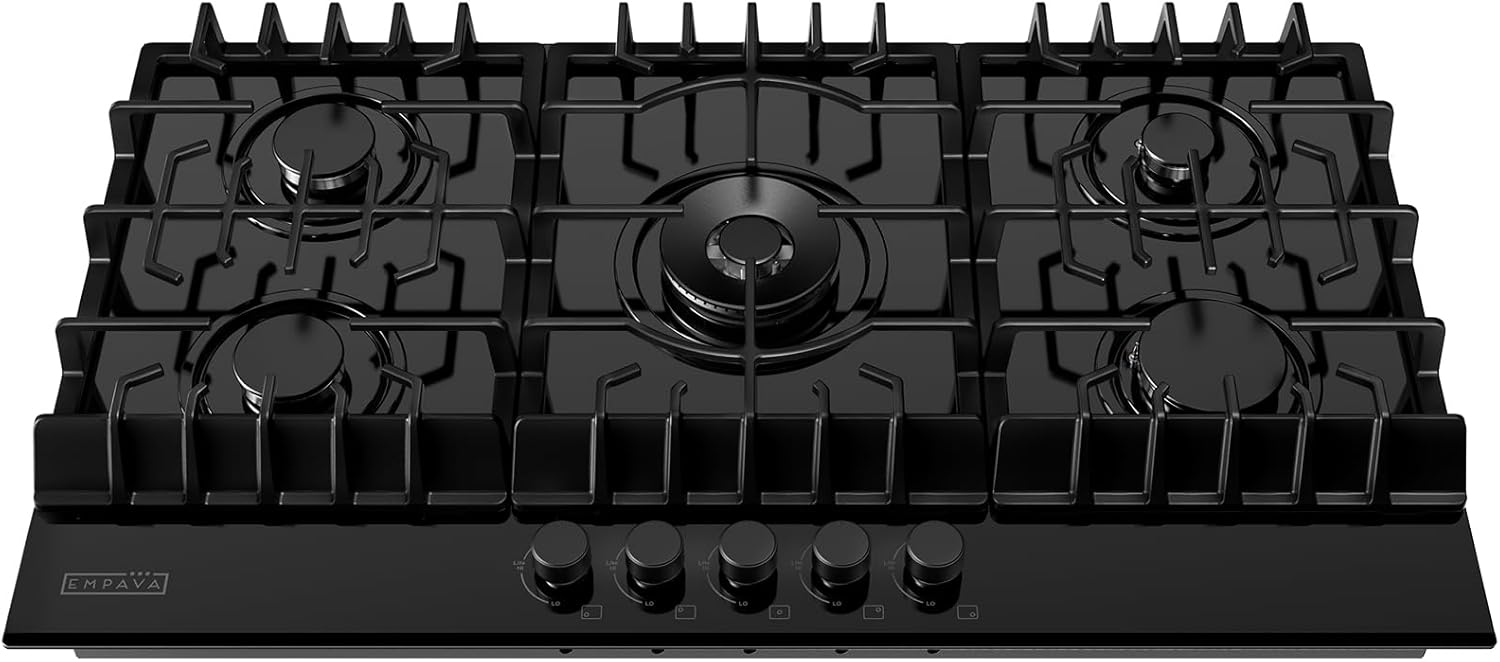 Empava 36″ Gas Stove Cooktop NG/LPG Convertible with 5 Italy Sabaf Sealed Burners in Black Tempered Glass