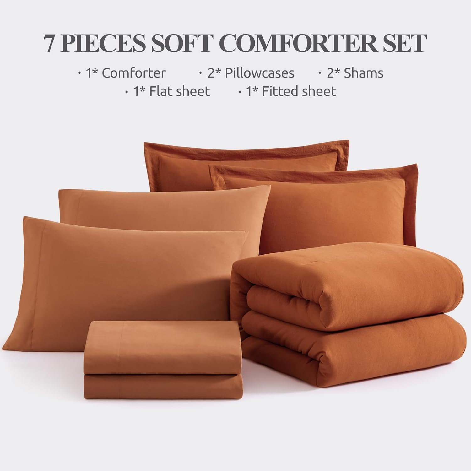 WRENSONGE Queen Comforter Set- 7 Pieces Soft Burnt Orange Bed in a Bag with Fitted Sheet, Flat Sheet, 2 Shams, and 2 Pillowcases-Warm Bed Sets Fall Comforter for All Seasons - Image 8