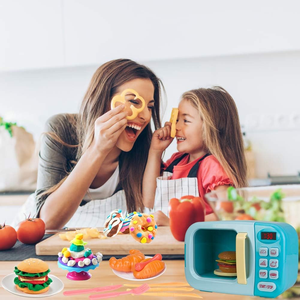 Microwave Toys Kitchen Play Set with Light Sound,Kids Pretend Play Electronic Oven with Play Food and 6 Color DIY Play-Dough for Children Ages 3+ Years (Blue) - Image 6