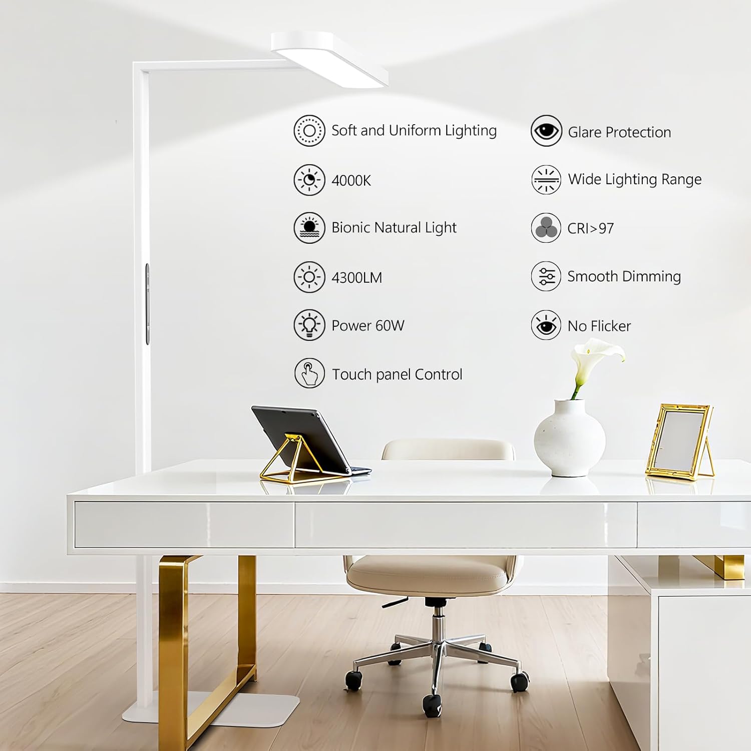 73" LED Floor Lamp, Full Spectrum Eye-Care Reading Floor Lamps, 60W Dimmable Standing Light,4300LM Natural Bright Floor lamp for Living Room, Bedroom, Office, Study Room, Ra97, 4000K - Image 2