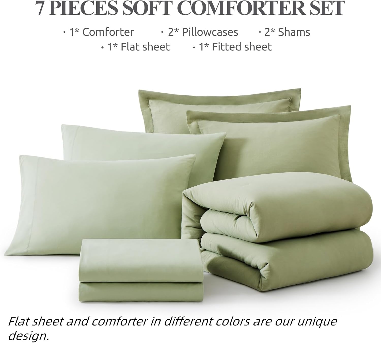 WRENSONGE Queen Comforter Set - 7 Pieces Sage Green Soft Bed in a Bag Queen with Fitted Sheet, Flat Sheet, 2 Pillow Shams, and 2 Pillowcases- Warm Bedding Sets Queen for All Season - Image 7
