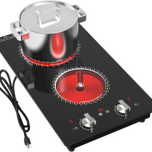 2 Burner Electric Cooktop - 12 Inch Electric Stove Top with Plug, 2100W Countertop Burners & Built-In Stove Top, 9 Levels of Power, Knob Control, Timer & Kid Safety Lock, Residual Heat Warning