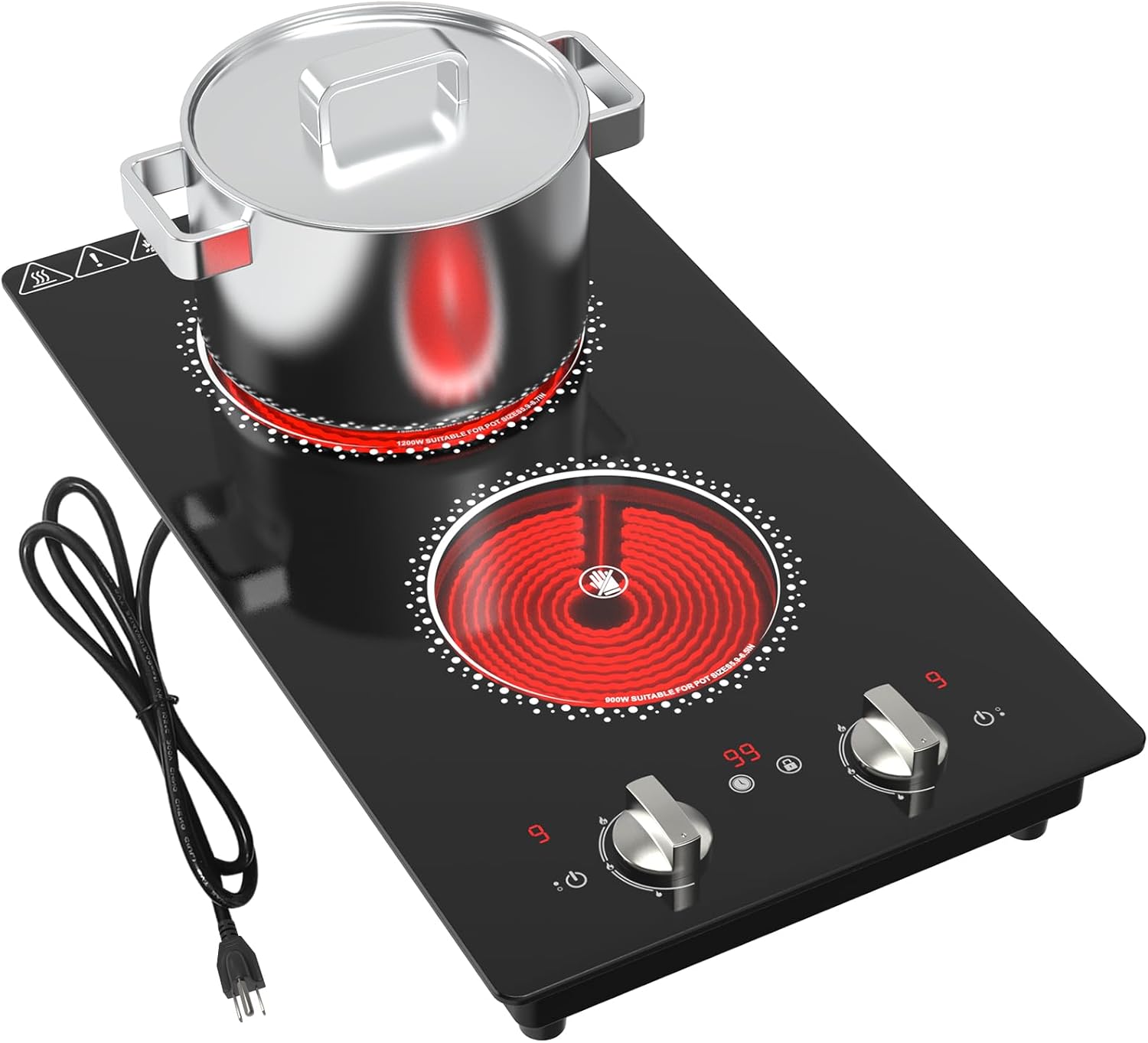 2 Burner Electric Cooktop – 12 Inch Electric Stove Top with Plug, 2100W Countertop Burners & Built-In Stove Top, 9 Levels of Power, Knob Control, Timer & Kid Safety Lock, Residual Heat Warning