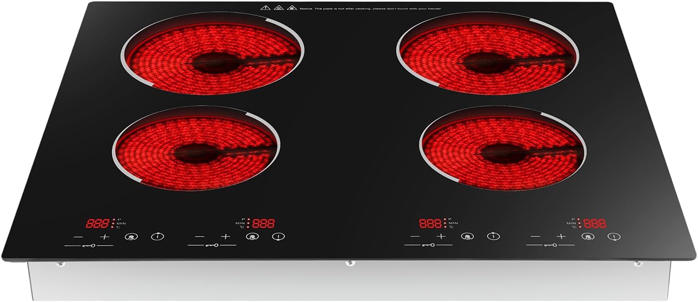 4 Burners Electric Stove Top, 3000W Portable Cooktop Desktop and Embedded Intelligent Control Cooktop Sensor Touch with Kid Safety Lock and 9 Heating Level for Kitchens Cabins Snack Bars Etc