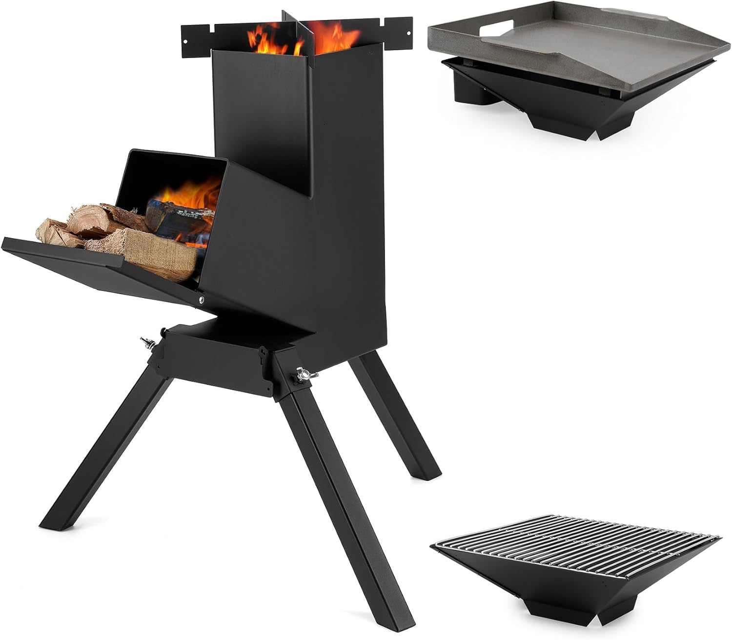 Stanbroil 3 in 1 Rocket Stoves with Grill Rack, Griddle and Pot Cooking Stand, Heavy Duty Wood Burning Stoves for Cooking, Camping wood Stove Kit for Off-Grid Supply, Outdoor Grilling Event
