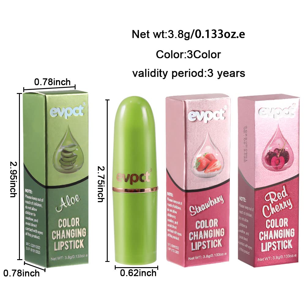 evpct 3Pcs Magic Color Changing Lipstick Long Lasting Waterproof 24 Hours Original for Women, Aloe Vera Strawberry Black Red Cherry PH Mood Permanent Color Changing Lipstick Lip Balm, labial magico - Image 7