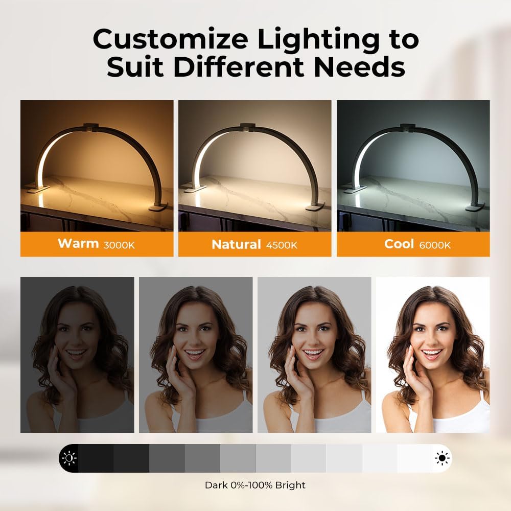 Janolia Half Moon Light for Nail Desk, 29In Nail Tech Lamp Table Light, 7 Color Modes, 10 Brightness for Tattoo/Eyelashes/Spa/Salon/Makeup, with Phone Holder - Image 4