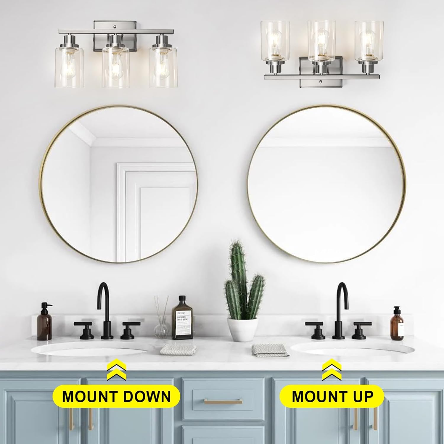 Ascher Bathroom Vanity Light Fixtures, 3 Light Wall Sconces Lighting with Clear Glass Shade, Brushed Nickel Wall Lights for Mirror, Kitchen, Living Room, Gallery, E26 Base (Bulbs Not Included) - Image 8
