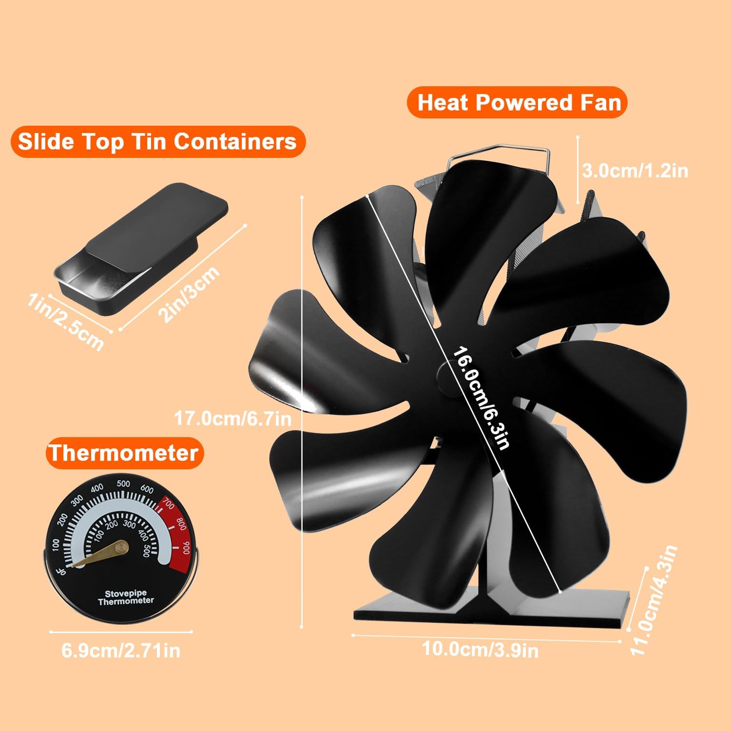 Tomersun Wood Stove Fan Heat Powered 8-Blade Stove Fan, Fireplace Fan for Wood Burning Stove/Pellet/Log Burner, w/Stove Accessories Thermometer & Aroma Pod - Image 6