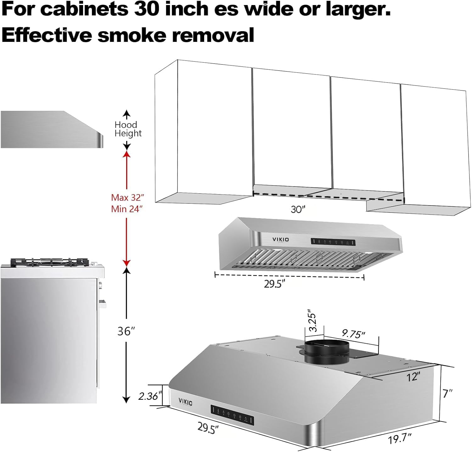 Range Hood 30 Inch Under Cabinet, Kitchen Hood with 980 CFM, 3-Speed Gesture Sensing & Touch Control Panel, Stainless Steel Vent 2 Pcs Baffle Filters with Handlebar - Image 7