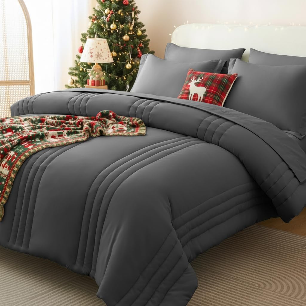 CozyLux Queen Size Comforter Sets – 7 Piece Bed in a Bag Dark Grey Comforter Set with Sheets Queen Bed Set All Seasons, Bedding Set with Down Alternative Comforter, Sheets, Pillowcases & Shams