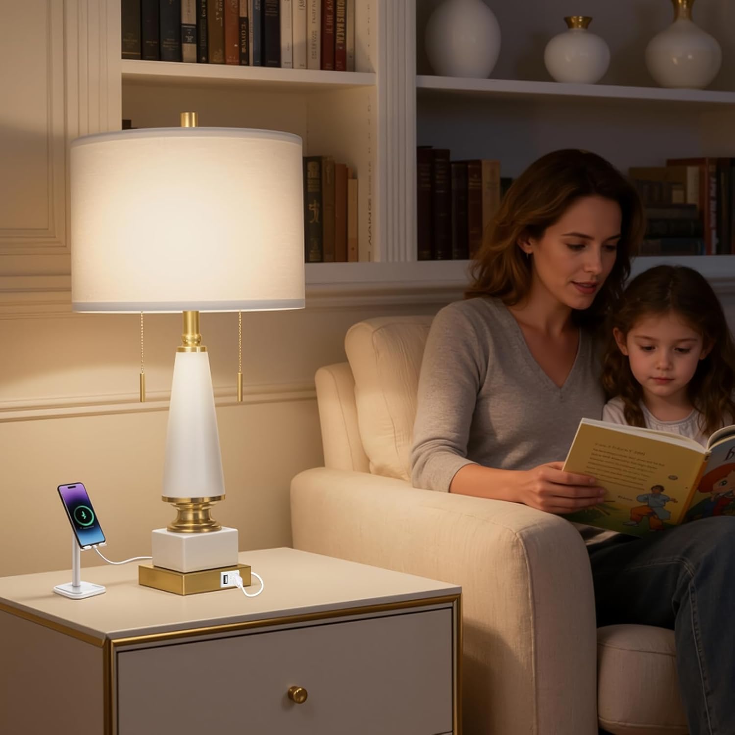 26" Bedside Table Lamps Set of 2, Ceramic Lamps for Living Room Nightstand with USB A+C Ports, Pull Chains Dual Switch, Modern Lamps with Linen Shade for Bedroom Office Home (Bulb Included) - Image 4