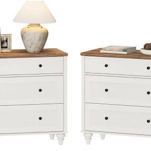 WAMPAT Farmhouse Nightstand with 3 Drawers, Set of 2 Large 3 Drawers Wood Bedside Table Night Stand, Wide Sofa Side End Table Chest of Dresser for Living Room, Bedroom, White, 34 inch
