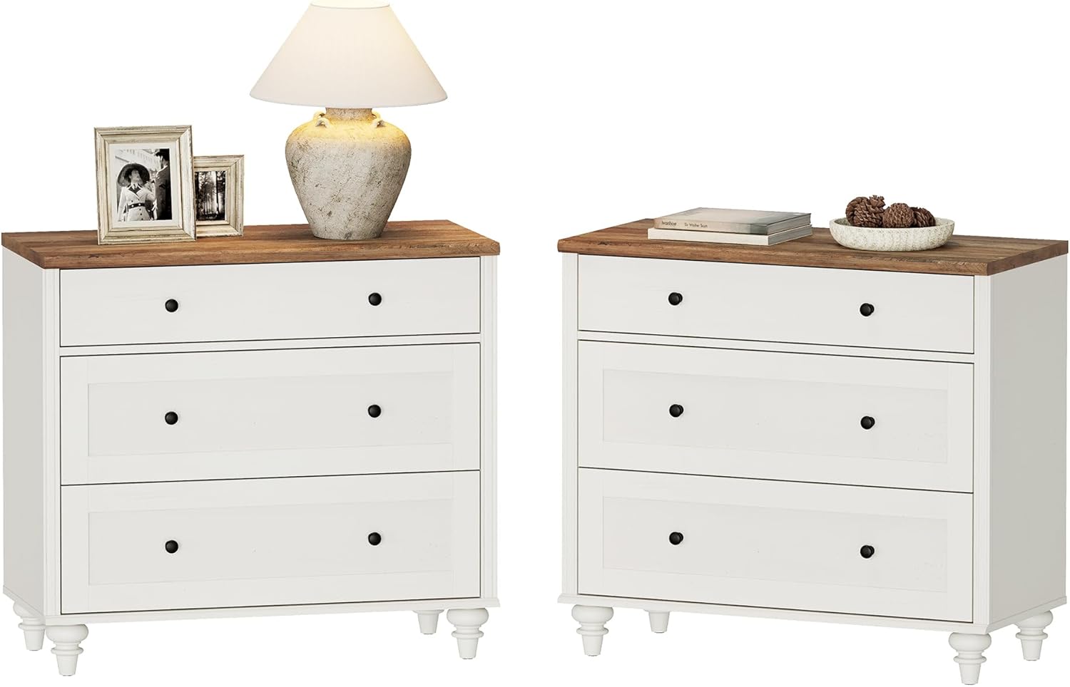 WAMPAT Farmhouse Nightstand with 3 Drawers, Set of 2 Large 3 Drawers Wood Bedside Table Night Stand, Wide Sofa Side End Table Chest of Dresser for Living Room, Bedroom, White, 34 inch