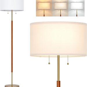 BTP Mid Century Floor Lamp for Bedroom, 2-Lights Wood Floor Lamp with Dual Switch, Tall Reading Standing Light for Living Room Office Farmhouse, 3 Color Temperatures 9W Bulbs*2 Included