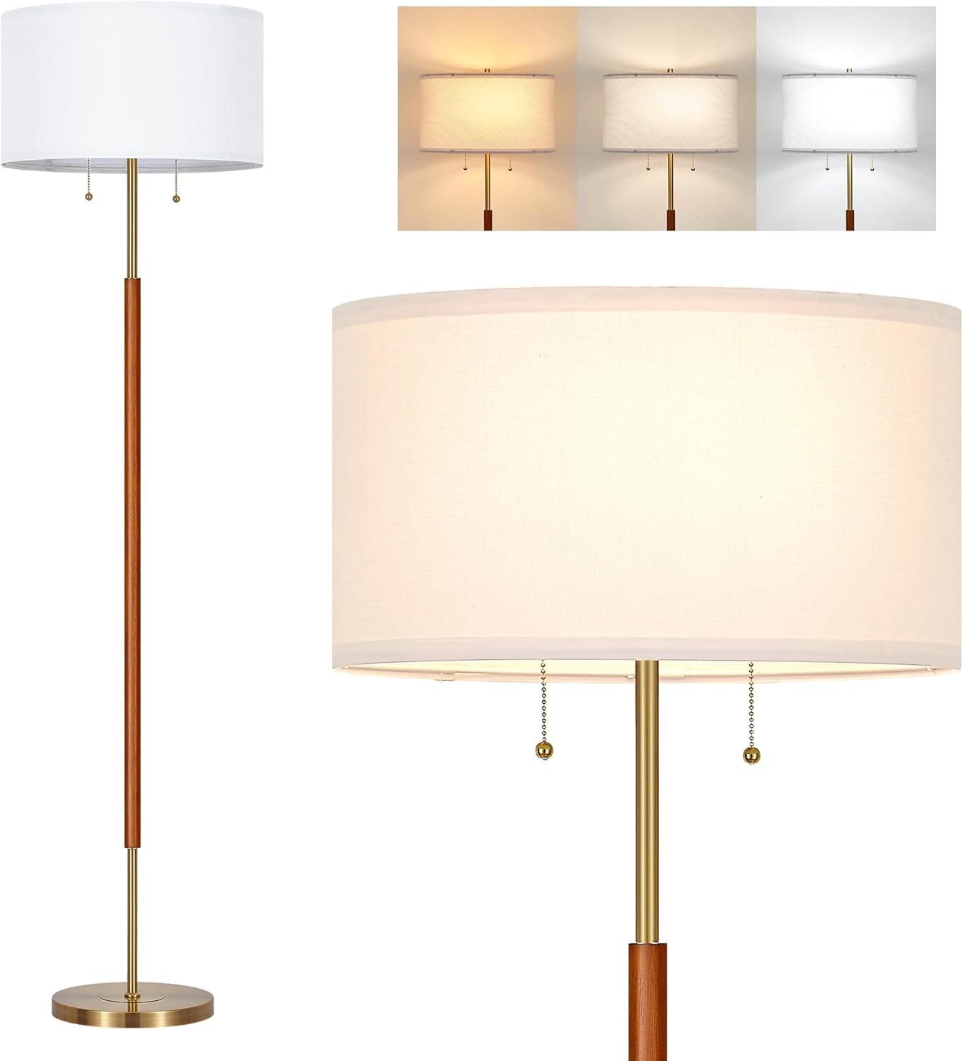 BTP Mid Century Floor Lamp for Bedroom, 2-Lights Wood Floor Lamp with Dual Switch, Tall Reading Standing Light for Living Room Office Farmhouse, 3 Color Temperatures 9W Bulbs*2 Included