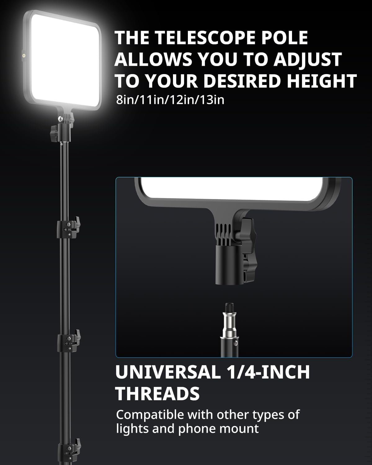 UBeesize 2 Pack LED Video Light Kit, Photography Lighting, 13" Studio Lights with 65" Tripod Stand and Phone Holders, Podcast Lighting for Video Recording,Tiktok,YouTube - Image 6