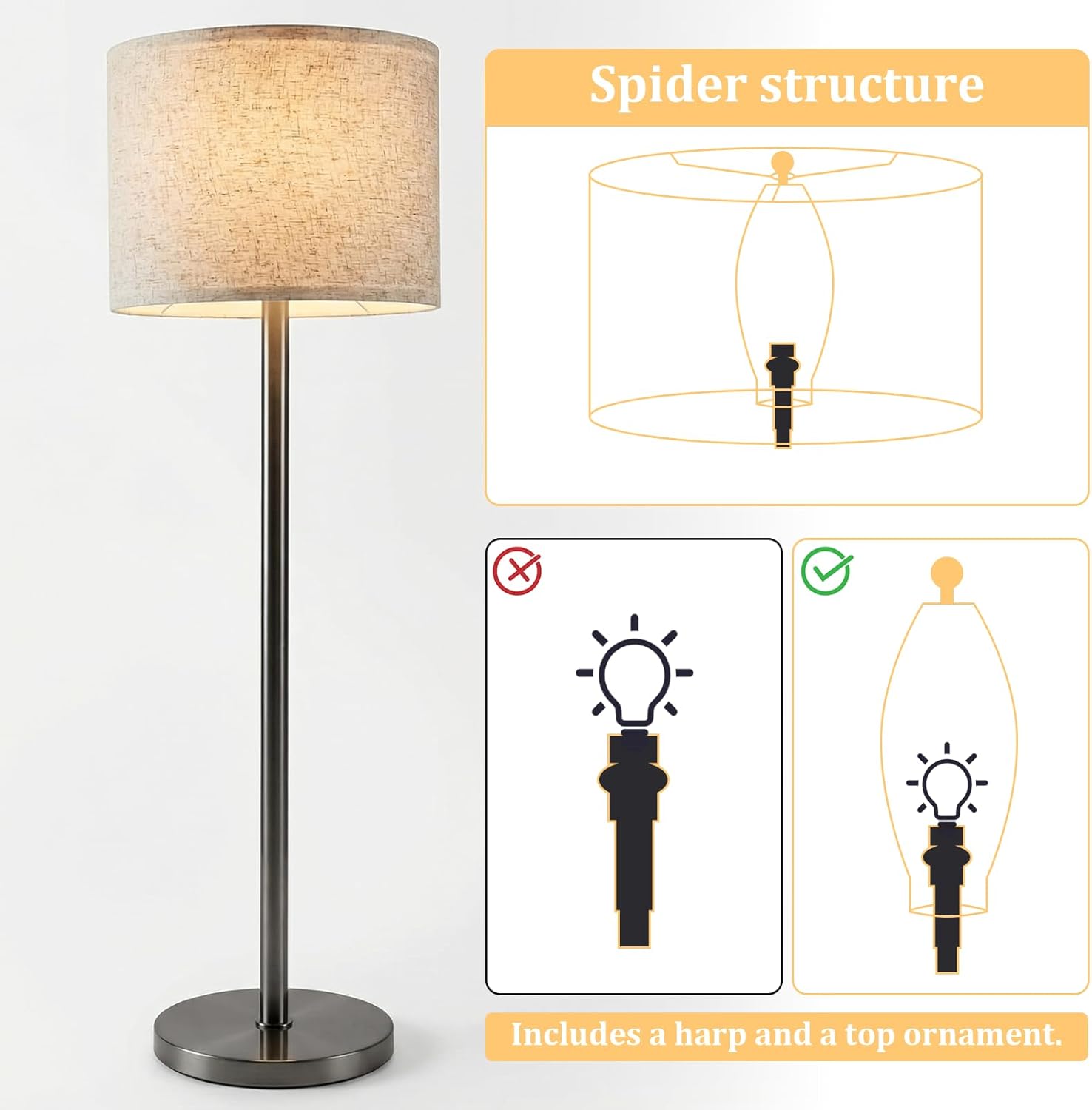 Drum Lamp Shades for Table Lamps, 13" Top X 13" Bottom X 10" High Large Lamp Shades Floor Lamps Shade Beige Modern Fabric Lampshade Spider, Harp Holders Included, Easy Assembly - Image 6