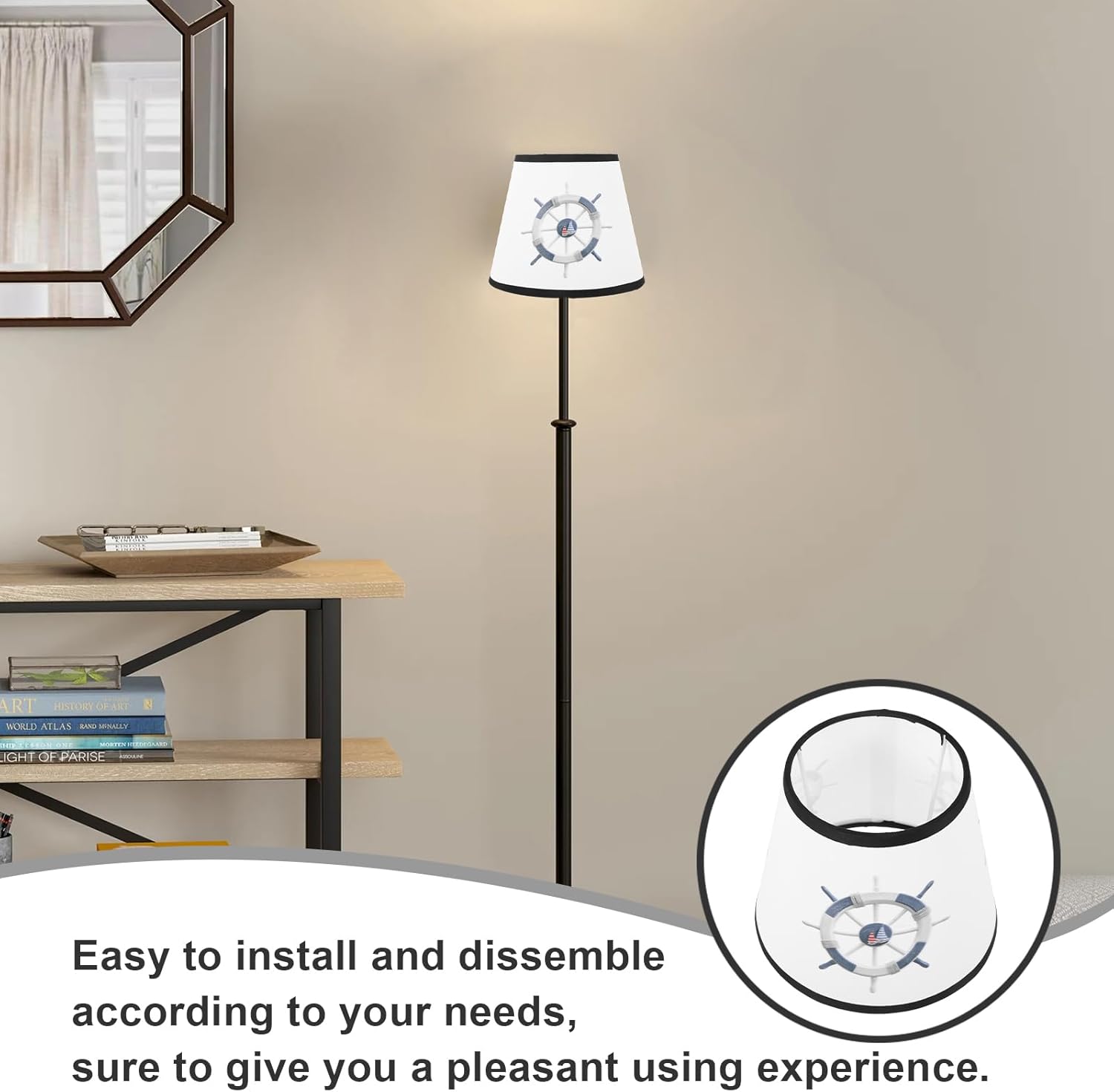 Angoily Fabric Lamp Shade, Barrel Light Cover, Nautical Wheel Pattern Lamp Shade, Chandelier, Cloth Lampshade, Light Bulb Guard Cage for Chandelier Bedside Table Floor Lamp - Image 2