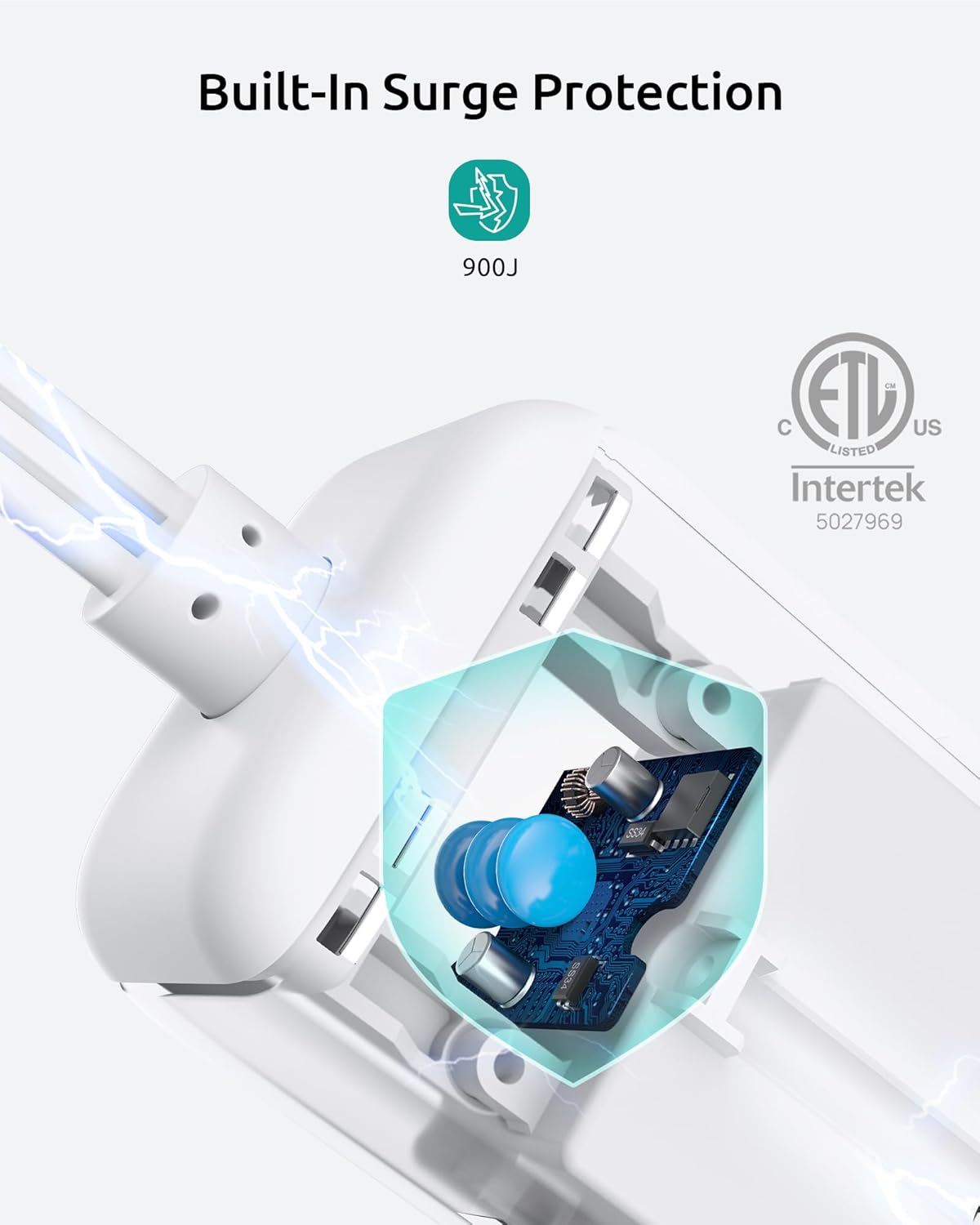 Flat Extension Cord Short 3ft, ETL Listed, NUTICT 3 Prong Indoor Extension Cord Flat Wall Plug with Outlet Cover, 13A/1625W, 900J Surge Protector, Small Outlet Extender for Kitchen Bathroom, White - Image 5