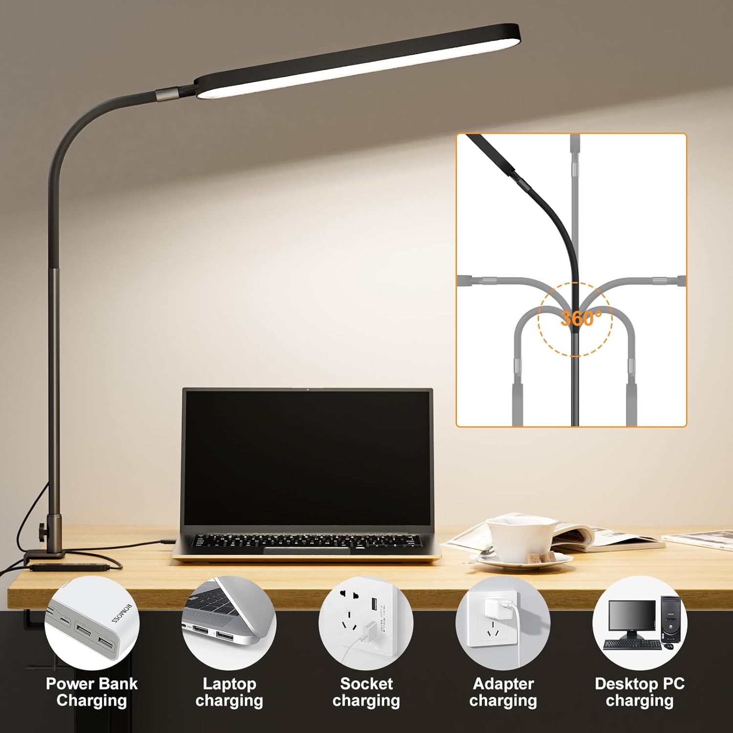 SKYLEO Led Desk Lamp - Desk Light for 33.5" Tall - Flexible Gooseneck - 5 Color Modes X 11 Brightness Levels - 1300LM - Timmer & Memory Function - 12W Clip on Light - Black - Image 4