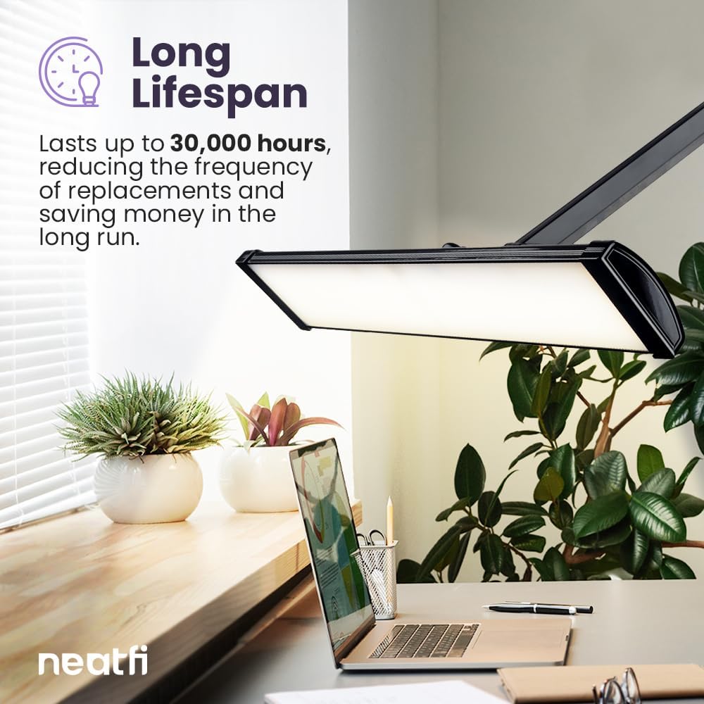 Neatfi LED Desk Lamp, 3,500 Lumens, 3 Light Modes, Dimmable, 45W, Touch Control, 26 Inch Wide Metal Shade, 540 SMD LEDs, Directional Lighting, Eye Caring Task Lamp (CCT with Clamp, Black) - Image 3