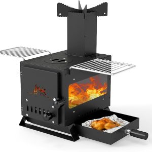 Giantex Portable Wood Burning Stove, Hot Tent Stove with 3 Cooking Positions, Anti-scalding Door Handle, Glass Window & 2 Grills, Camping Stoves for Outdoor Heating & Cooking, Ice Fishing, Hunting